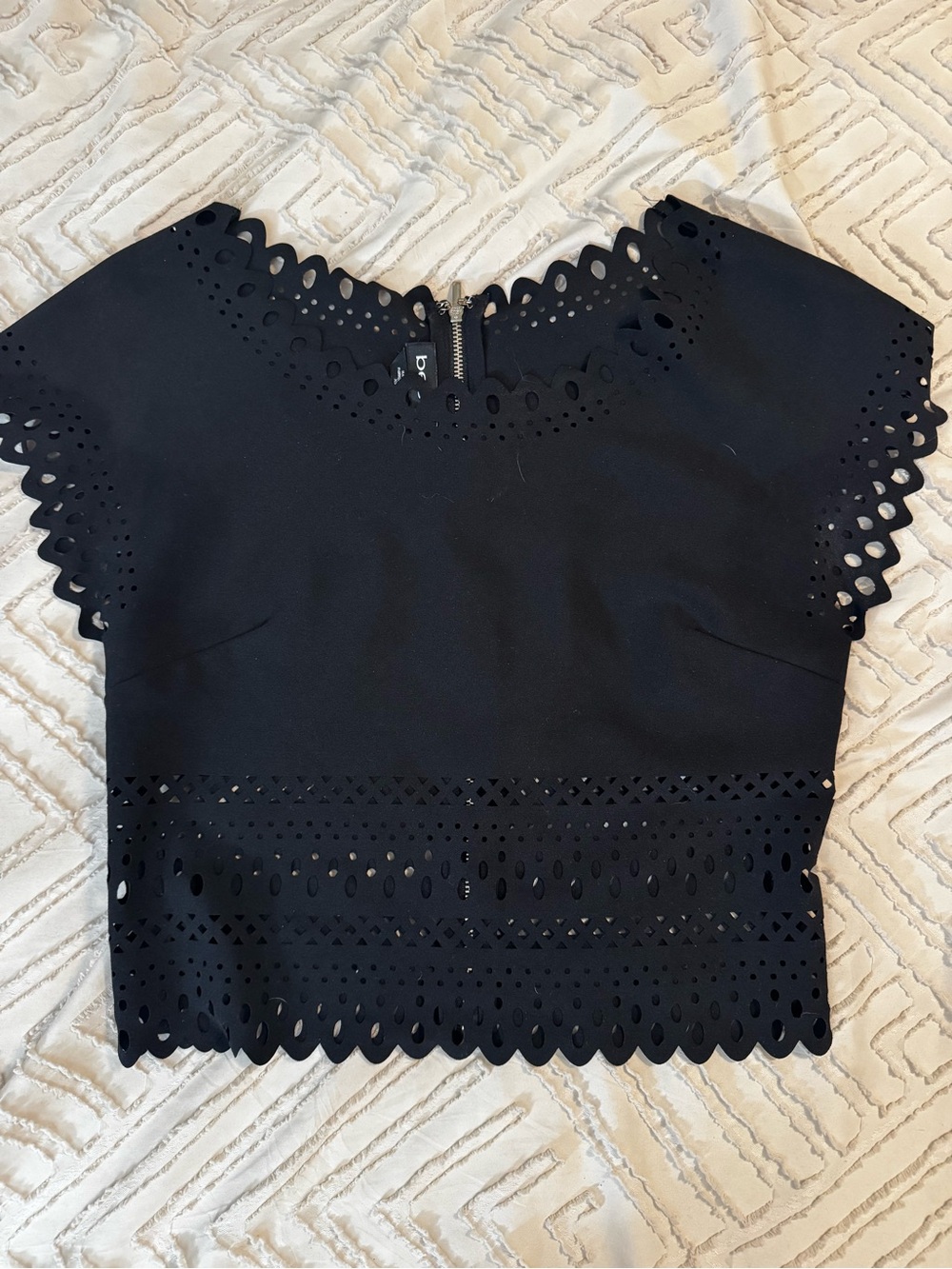 bebe Black Laser-Cut Scallop-Edge Crop Top